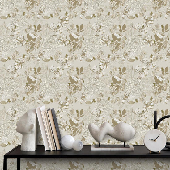 Art Deco Chrysanthemum Warm Neutral Floral Wallpaper