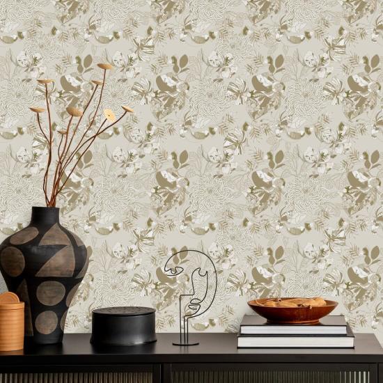 Art Deco Chrysanthemum Warm Neutral Floral Wallpaper