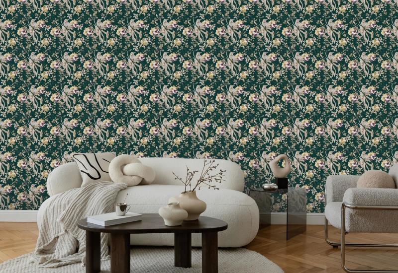 Vogel und Blüte Smaragdgrün Blumentapete