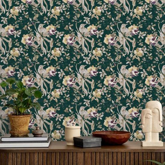 Oiseau et fleur vert émeraude Papier peint floral