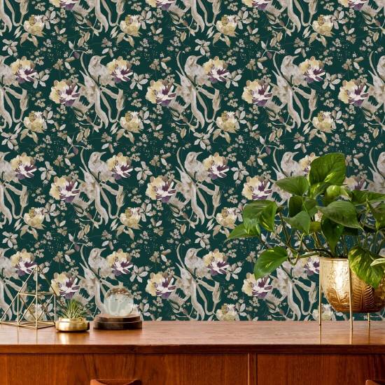 Fågel och blomma smaragdgrön Blommig tapet