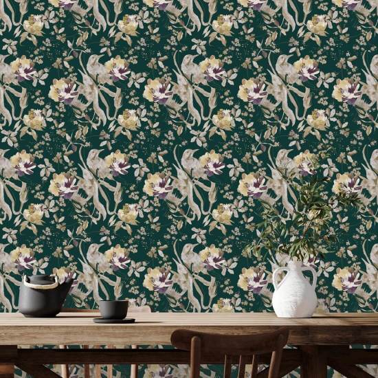 Pájaro y flor, verde esmeralda Papel pintado floral