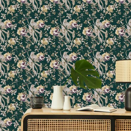Pássaro e flor verde esmeralda Papel de parede floral