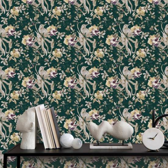 Pájaro y flor, verde esmeralda Papel pintado floral