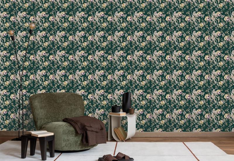 Pássaro e flor verde esmeralda Papel de parede floral