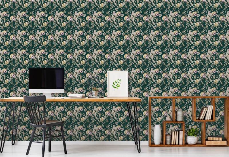 Vogel en bloesem smaragdgroen Bloemenbehang