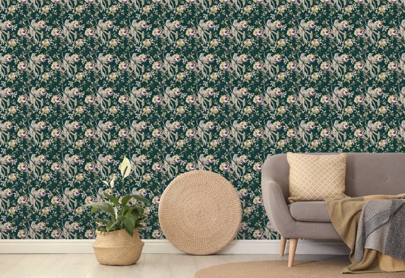 Fugl og blomst smaragdgrøn Blomstertapet
