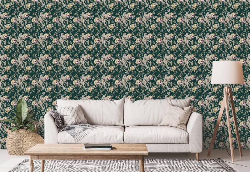 Uccello e fiore verde smeraldo Carta da parati floreale