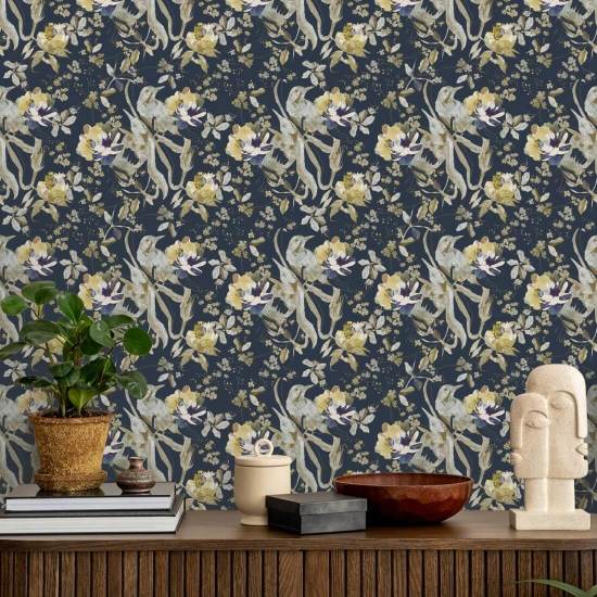 Bird and Blossom Navy Vogelbehang