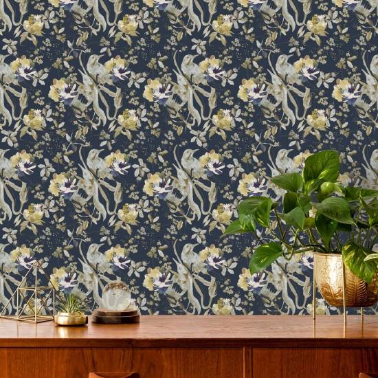 Bird and Blossom Navy papel de parede de pássaros
