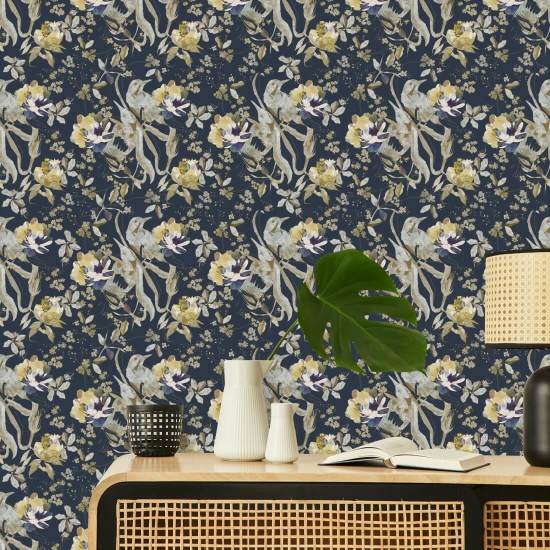 Bird and Blossom Navy Bird Wallpaper