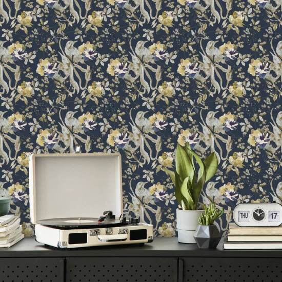 Bird and Blossom Navy Vogel-Tapete