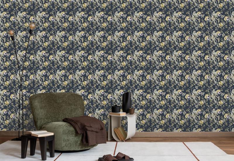 Bird and Blossom Navy Fugl tapet