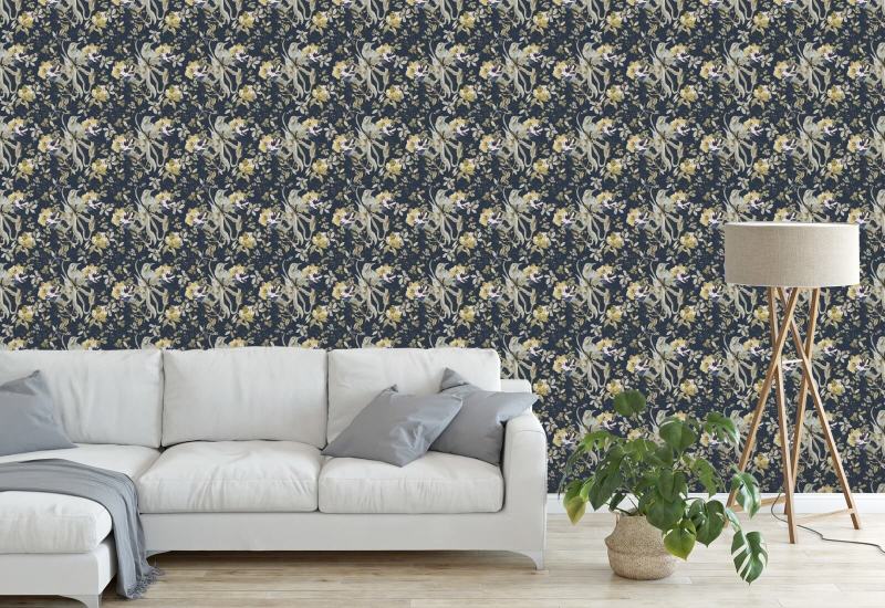 Bird and Blossom Navy Papier peint Oiseau