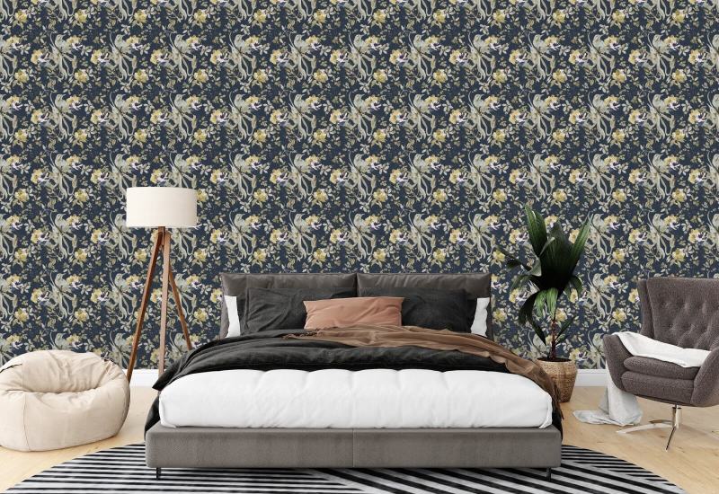 Bird and Blossom Navy papel de parede de pássaros