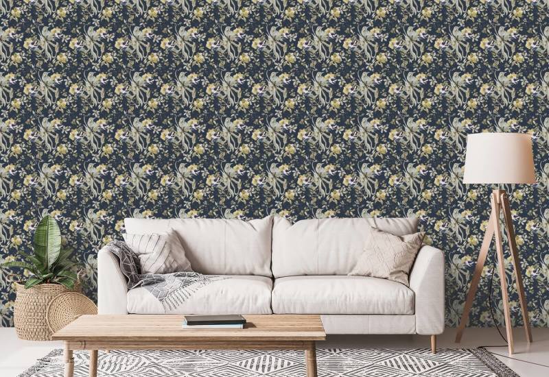 Bird and Blossom Navy Fugl Bakgrunn