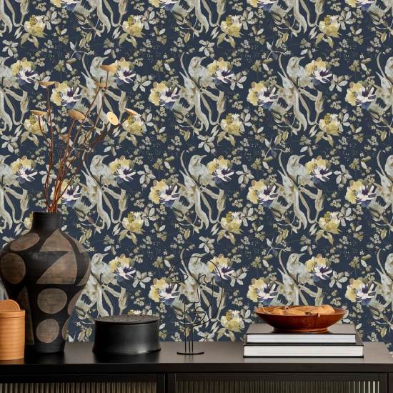 Bird and Blossom Navy Vogel-Tapete