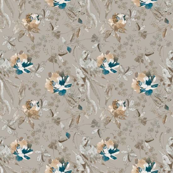 Fågel och blomma Taupe Blommig tapet