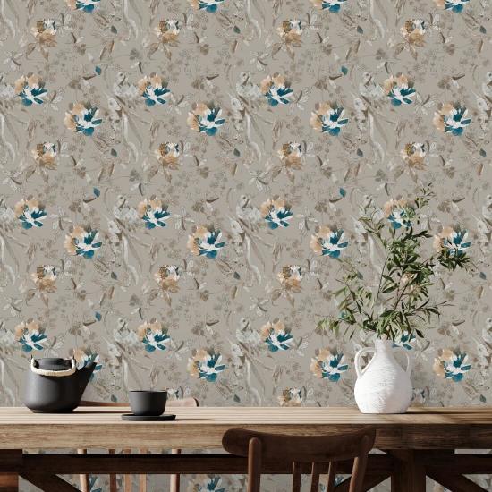 Taupe Bird and Blossom Papier peint floral
