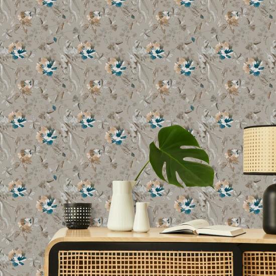 Fågel och blomma Taupe Blommig tapet