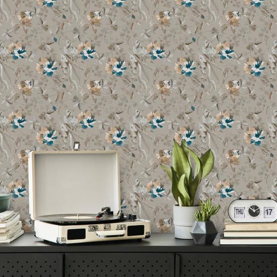 Bird and Blossom Taupe Blumentapete