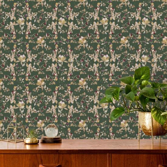 Botanical Blossom Forest Green Papel de parede natural