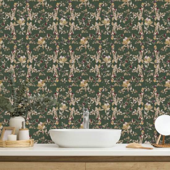 Botanical Blossom Forest Green Carta da parati naturale