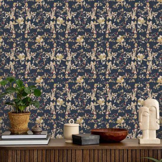 Botanical Blossom Navy Carta da parati floreale