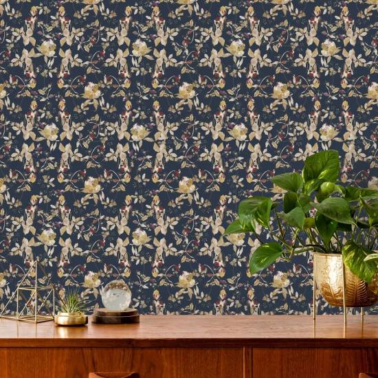 Botanical Blossom Navy Carta da parati floreale