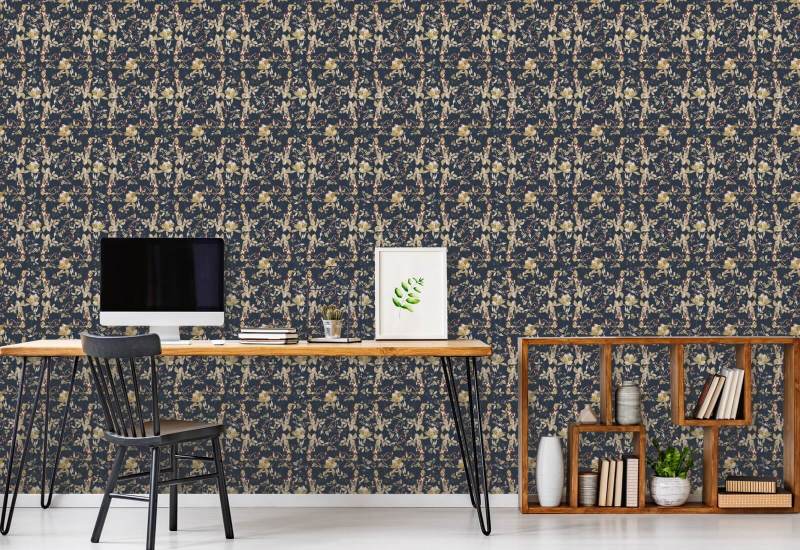 Botanical Blossom Navy Carta da parati floreale