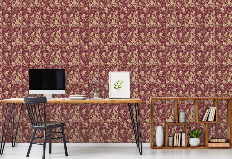 Garden Birds Burgundy Bird Wallpaper