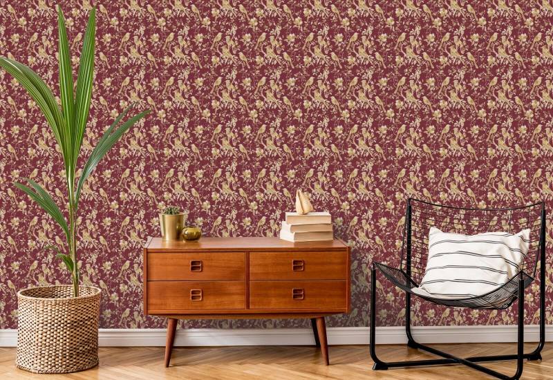 Garden Birds Burgundy Bird Wallpaper