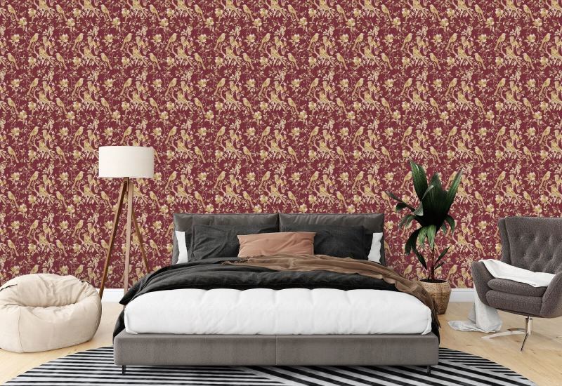 Garden Birds Burgundy Bird Wallpaper