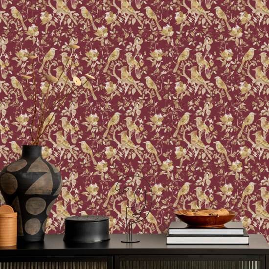 Garden Birds Burgundy Bird Wallpaper
