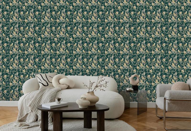 Garden Birds Emerald Dark Green Bird Wallpaper
