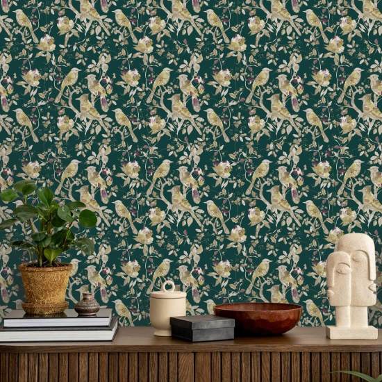 Garden Birds Emerald Dark Green Bird Wallpaper