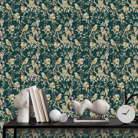 Garden Birds Emerald Papel de parede de pássaro verde escuro