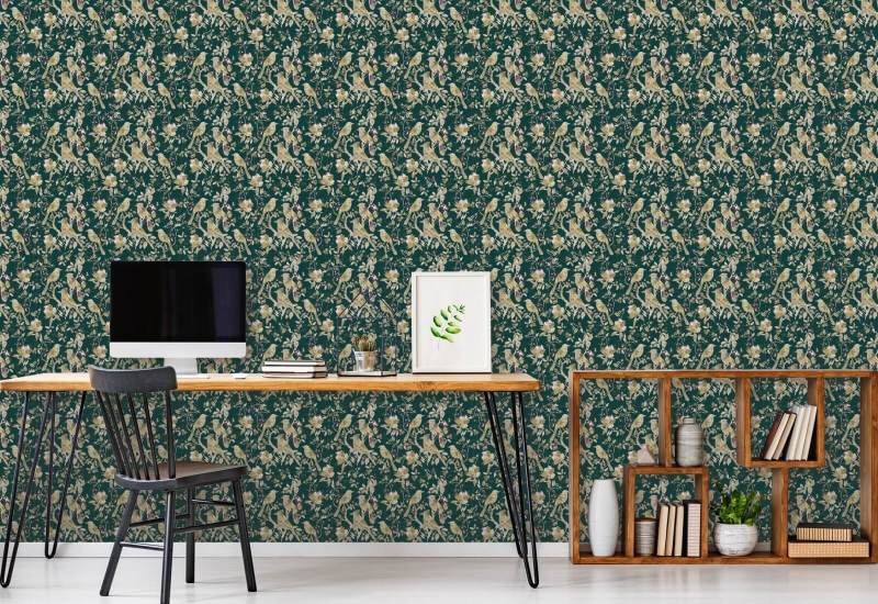 Garden Birds Emerald Dark Green Bird Wallpaper