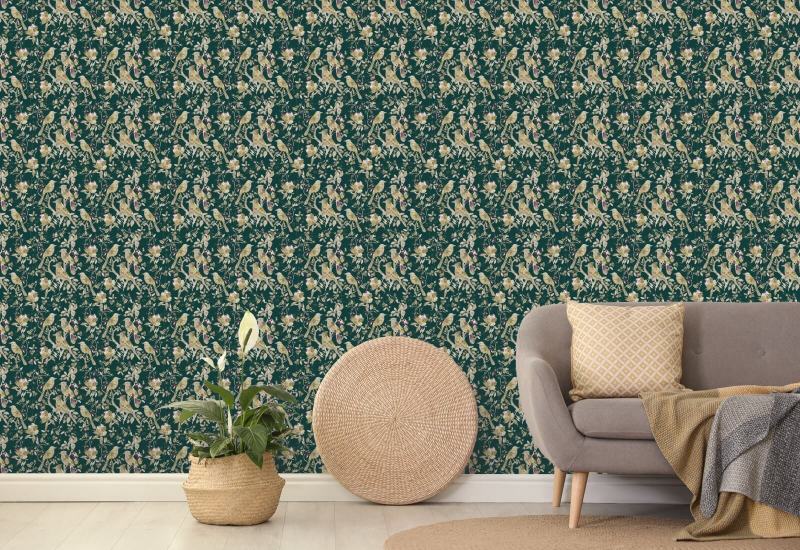 Garden Birds Emerald Donkergroen vogelbehang