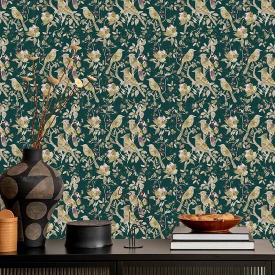 Garden Birds Emerald Dark Green Bird Wallpaper