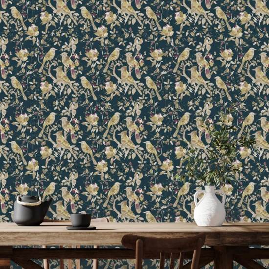 Garden Birds Midnight Teal Bird Wallpaper