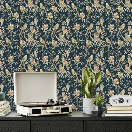 Garden Birds Midnight Turquoise Papier peint Oiseau