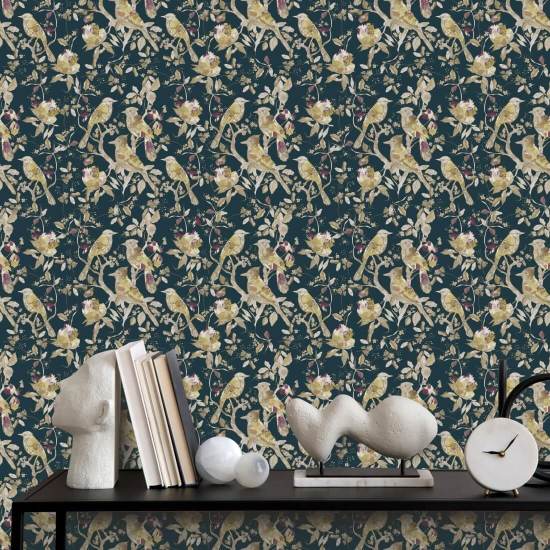 Garden Birds Midnight Teal Carta da parati con uccelli