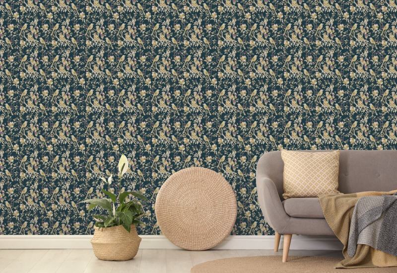 Garden Birds Midnight Teal Vogelbehang