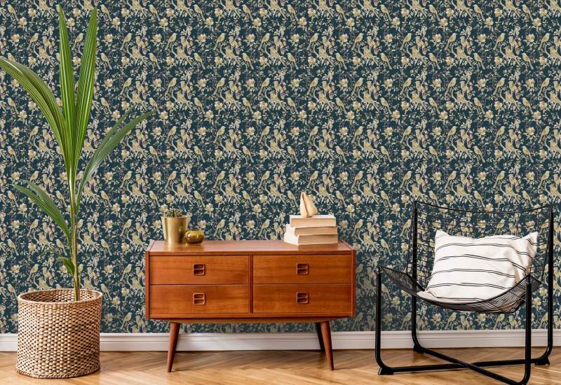 Garden Birds Midnight Teal Fugl Bakgrunn