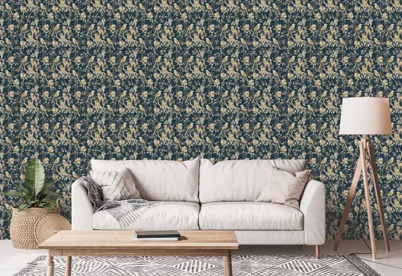 Garden Birds Midnight Teal Vogelbehang