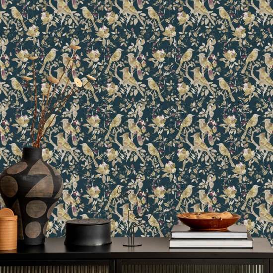 Garden Birds Midnight Teal Vogelbehang