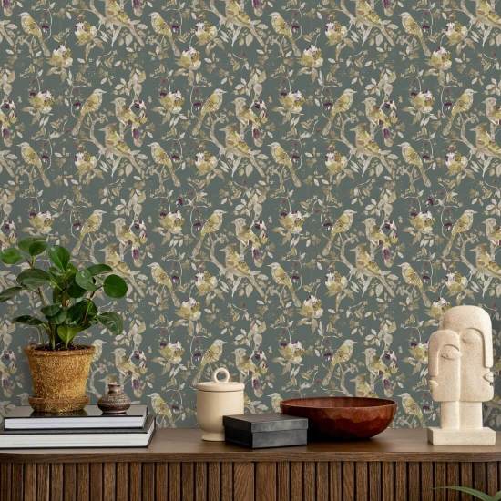 Garden Birds Sage Green Bird Wallpaper