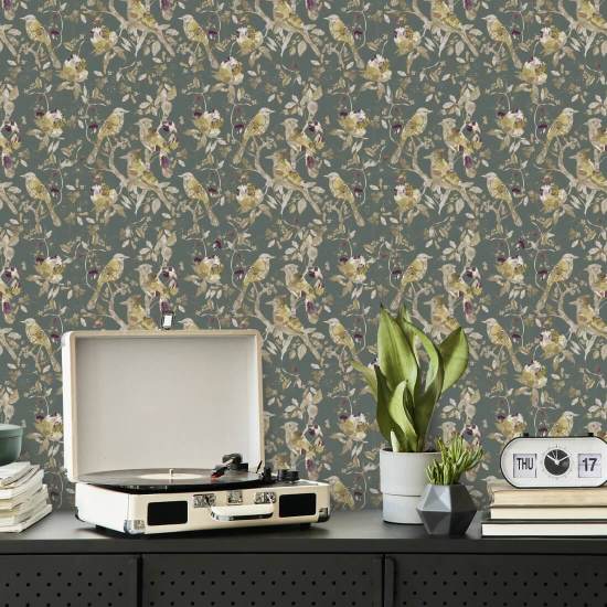 Garden Birds Sage Green Bird Wallpaper
