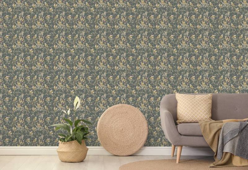 Garden Birds Sage Green papel de parede de pássaros